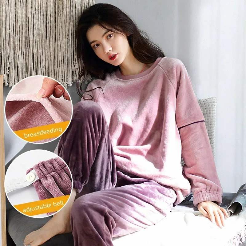 Pijamas de lactancia de terciopelo de franela, traje de lactancia para mujeres embarazadas, conjunto posparto, ropa gruesa de maternidad para madres y embarazo