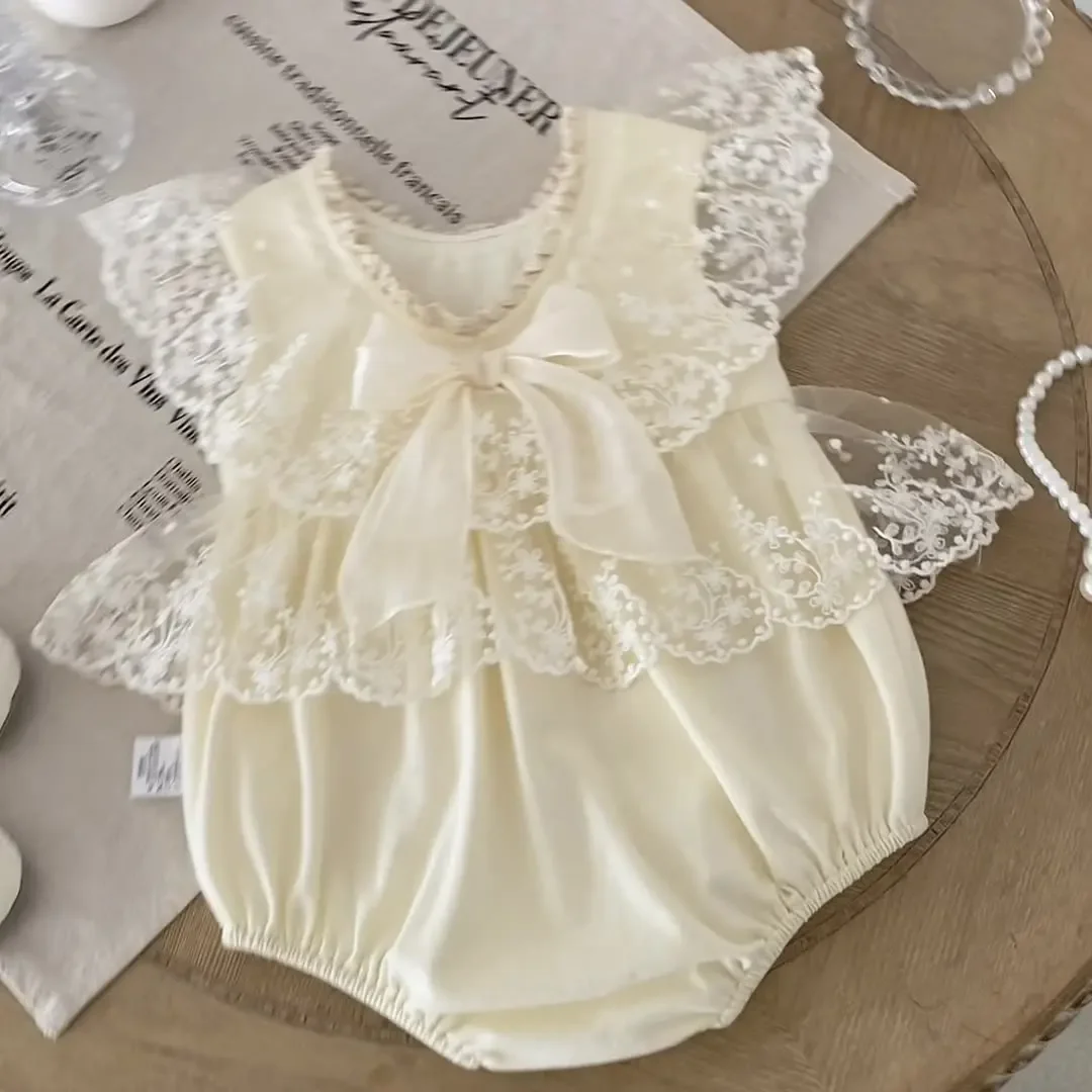 Ropa para niñas de 0 a 2 años, Body bordado de encaje y ropa para niños pequeños con lazo grande de una pieza - imagen 3