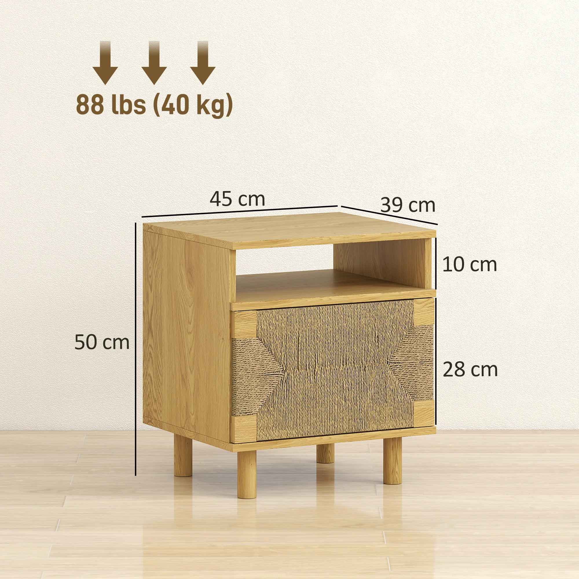 HOMCOM Mesita de Noche Bohemio con Puerta de Cuerda de Papel, Mesilla de Noche con Estante Abierto, Patas de Madera y Apertura por Presión, Mesa Auxiliar para Dormitorio, Salón, 45x39x50 cm, Roble - imagen 5
