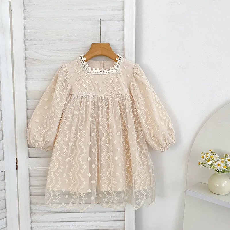 Vestidos de princesa de encaje de tul para niñas de estilo coreano: trajes para hermanos bordados de manga larga, ropa para niños esponjosa y agradable para la piel - imagen 2