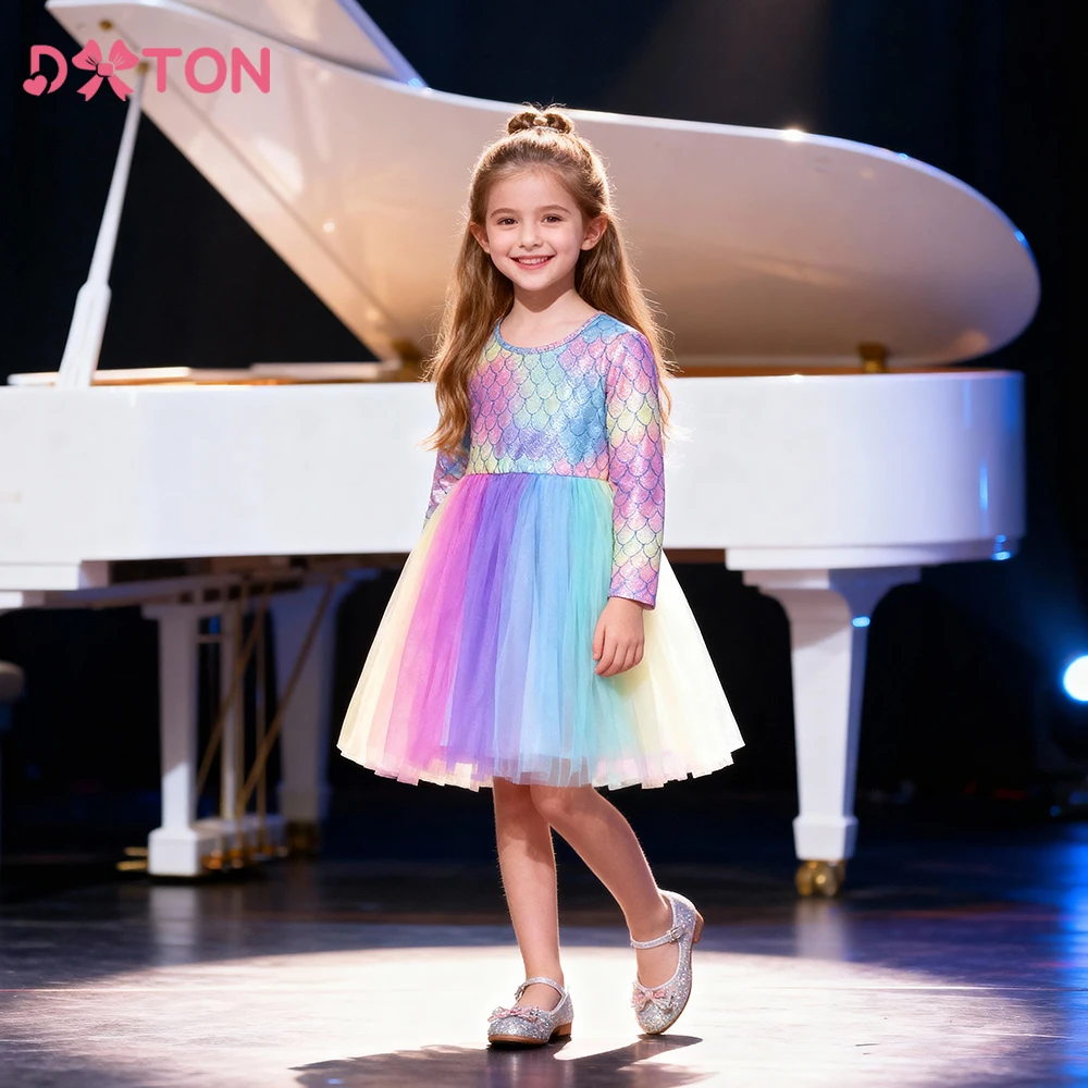 DXTON Vestido sirena a cuadros para niña estilo otoño
