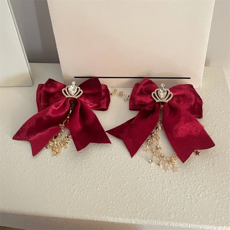 Conjunto de pinzas para el cabello festivas rojas de Año Nuevo, pinzas de cocodrilo con borlas y corona de campana y lazo, accesorios para el cabello versátiles para ambiente festivo para niñas - imagen 4