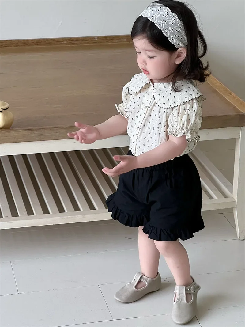 MILANCEL, nueva camisa con lazo de verano para niñas, 9M-3T, blusa fina bonita con cuello de muñeca para bebés, pantalones cortos holgados versión coreana para niños pequeños - imagen 4