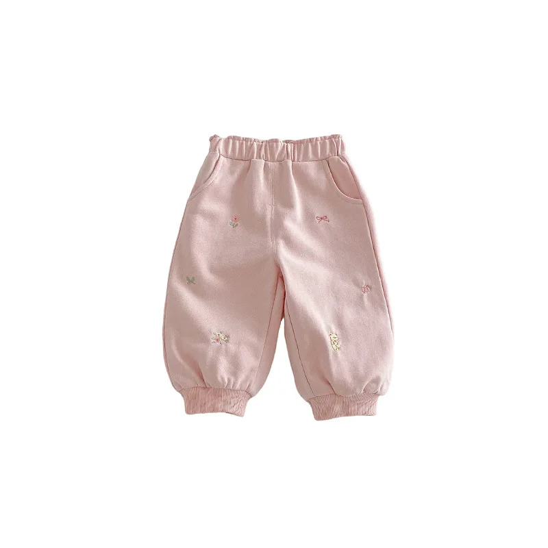 Pantalones jogger bordados para niños pequeños de primavera, pantalones con puños suaves para niñas de 0 a 5 años - imagen 5