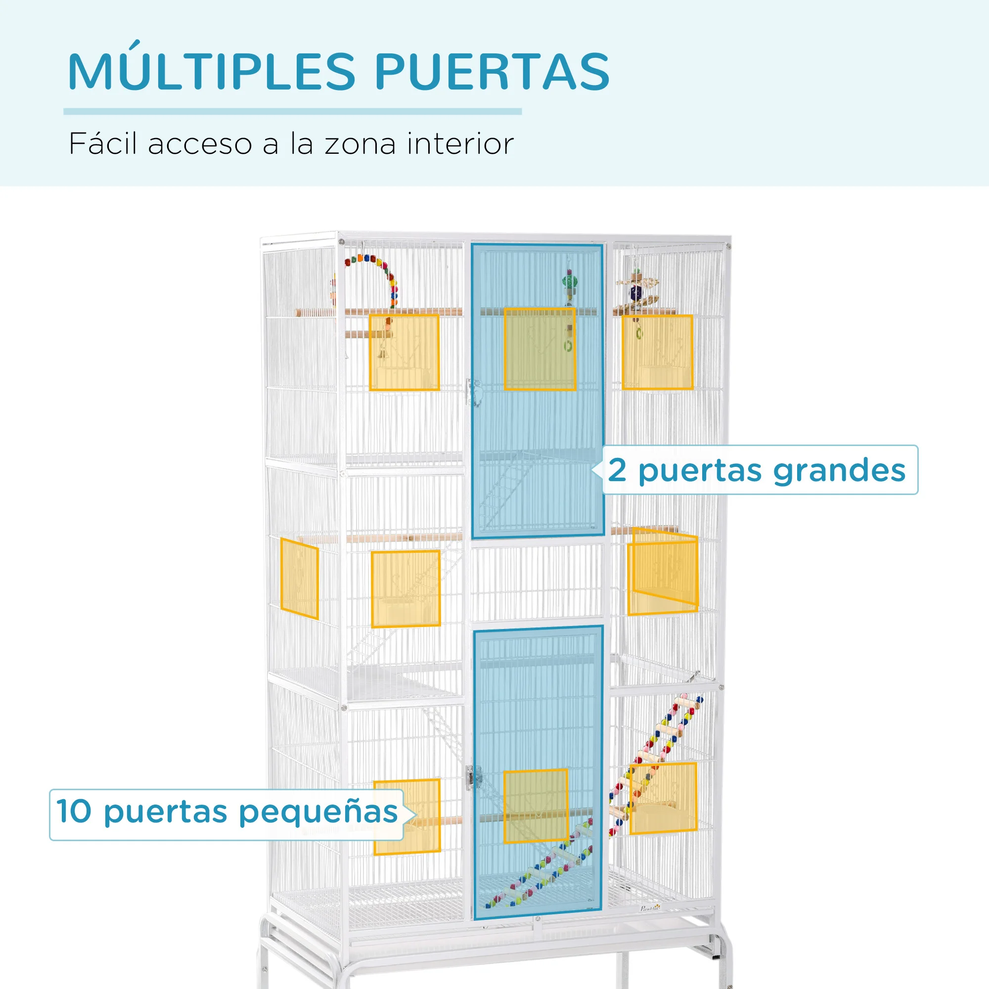 PawHut Jaula para Pájaros con Ruedas 83x53x180 cm Pajarera Metálica de 3 Niveles con 3 Perchas Comederos Juguetes Rampas y Estante de Almacenamiento para Canarios Periquitos Blanco - imagen 4