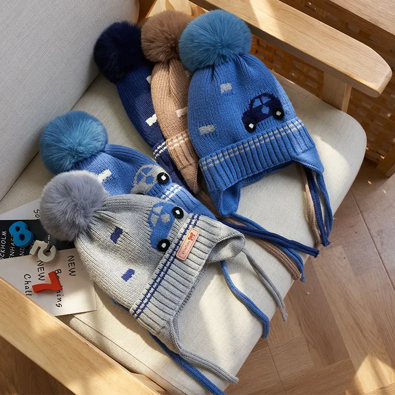 Gorro de bebé de dibujos animados con cuerda a prueba de viento, pompón, gorros tejidos para niños, gorro de lana para niñas pequeñas, accesorio infantil de invierno de 1 a 4 años