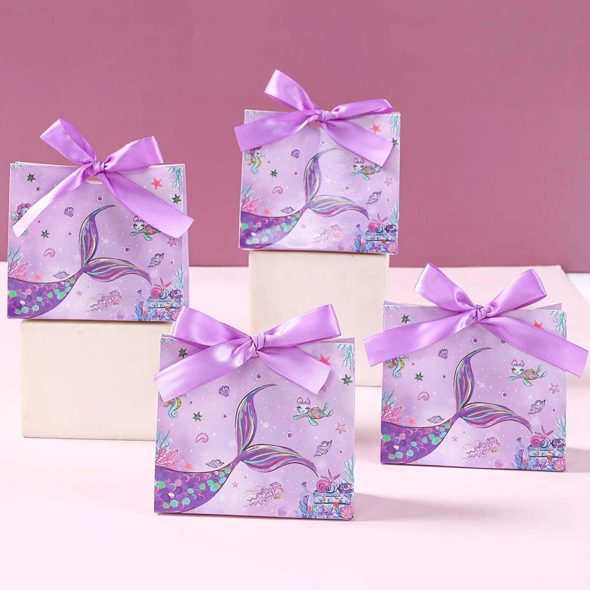 Caja de dulces de cola de sirena con lazo, bolsa de papel para embalaje de regalo, cajas de palomitas de maíz, recuerdos pequeños para niños, decoraciones para fiesta de cumpleaños de sirena - imagen 3
