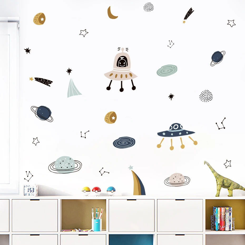 Pegatinas de vinilo pared infantiles acuarela con ovnis y planetas