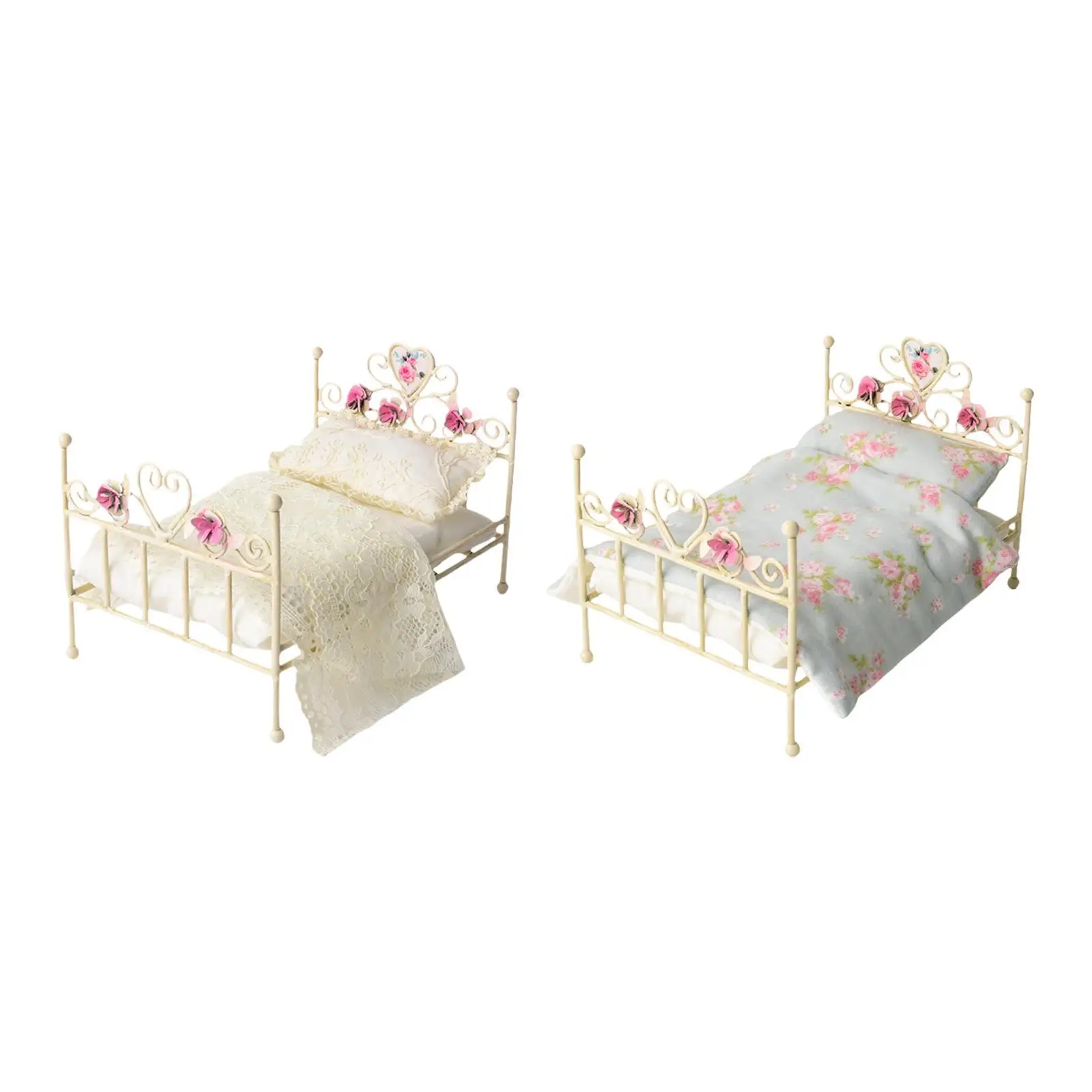 1: 12 Miniature European Bed Miniature Furniture Room DIY Accessories Decorative Tiny Bed Mini Retro Bed for DIY Model Decor