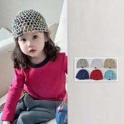 Gorro coreano de rejilla con purpurina para niños, gorro holgado de punto brillante para niñas, gorro de red elástico a la moda para niños pequeños, sombrero de fiesta para fotos