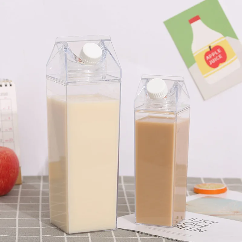 Taza de leche cuadrada de 1000ml, botella de agua de gran capacidad de dibujos animados, vasos de plástico transparente para beber jugo, caja de almacenamiento de leche portátil