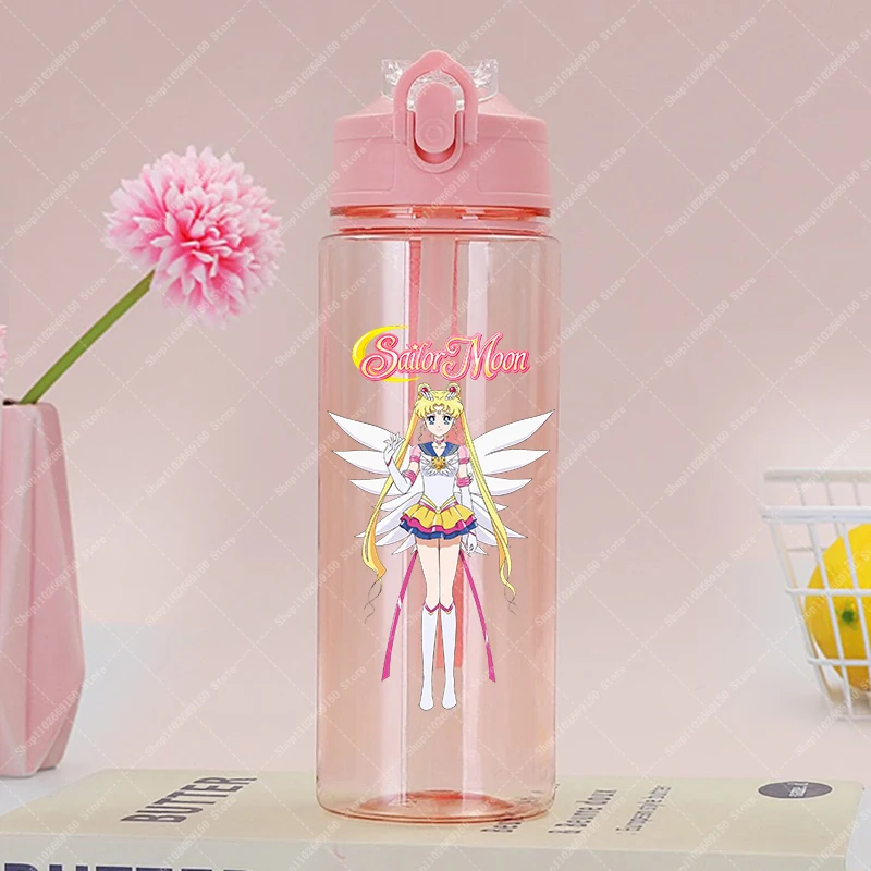 Botella de agua bonita Sailor Moon para niñas con pajita, taza de bebida fría de plástico portátil para niños, tazas de jugo de dibujos animados para viajes deportivos