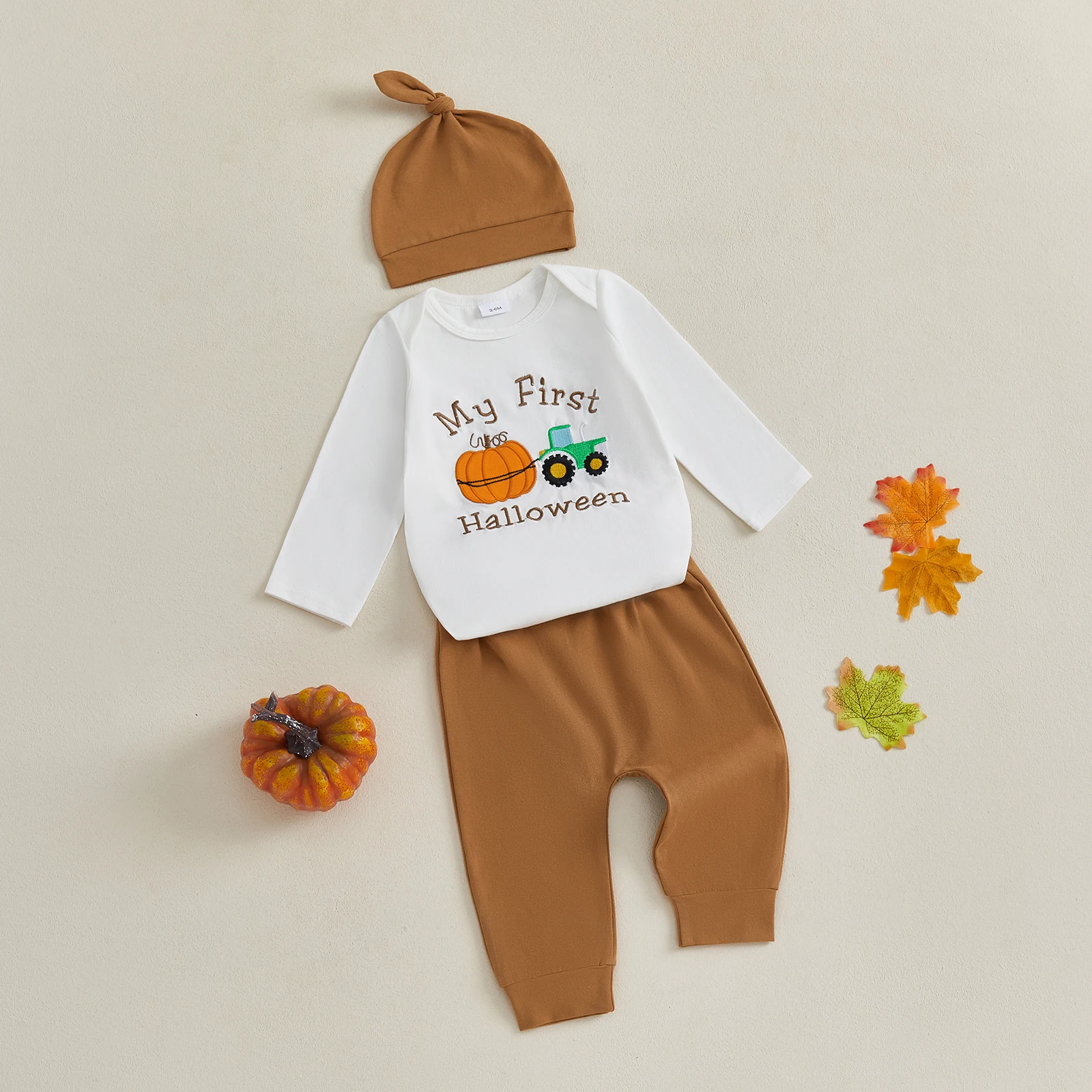 VISgogo Bebé Halloween 3 Piezas Conjuntos de Ropa de Manga Larga Letra Calabaza Bordado Mameluco Color Sólido Pantalones Sombrero - imagen 3