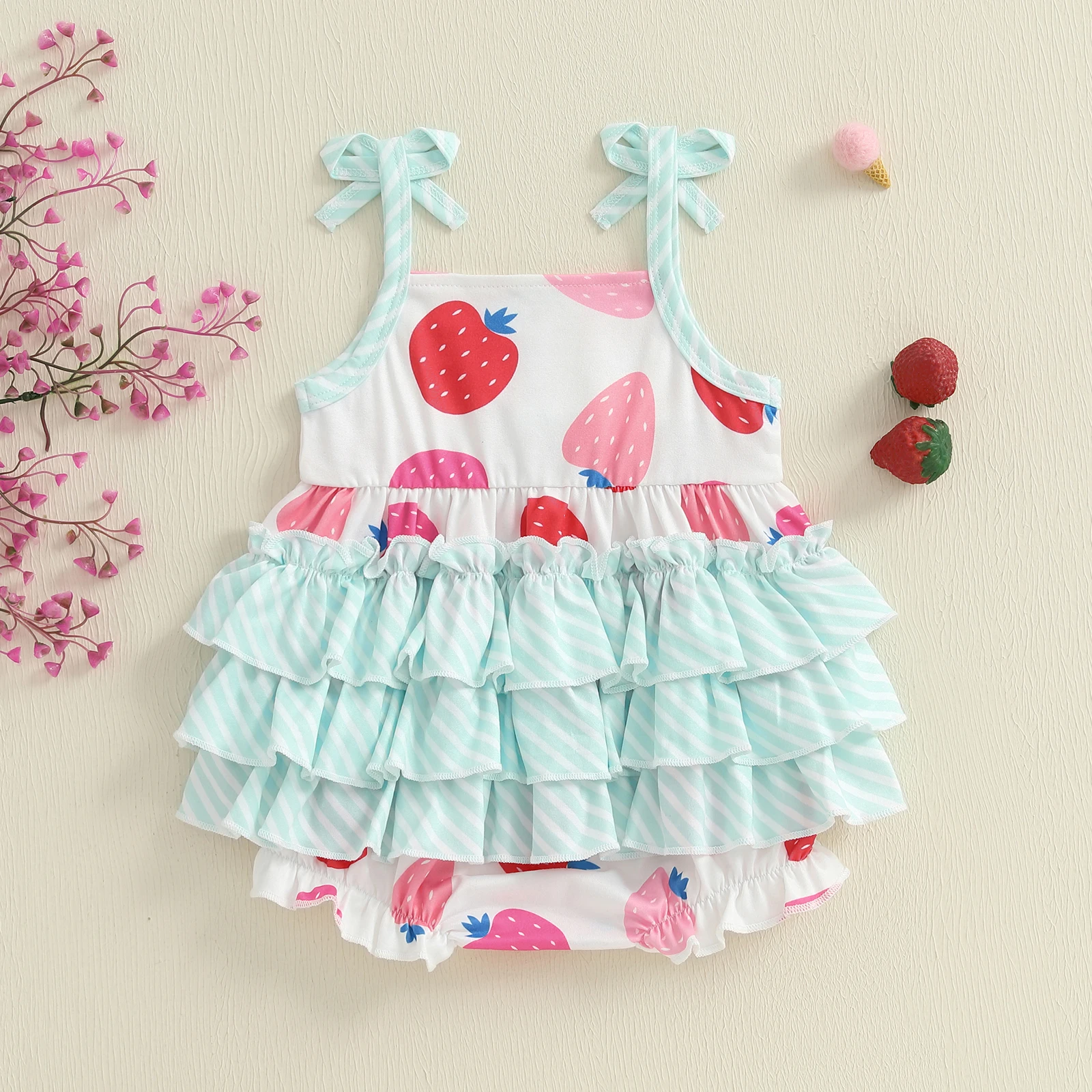 Mameluco de verano para niña, mono informal sin mangas con estampado de fresa y volantes en capas para recién nacido, ropa bonita - imagen 2