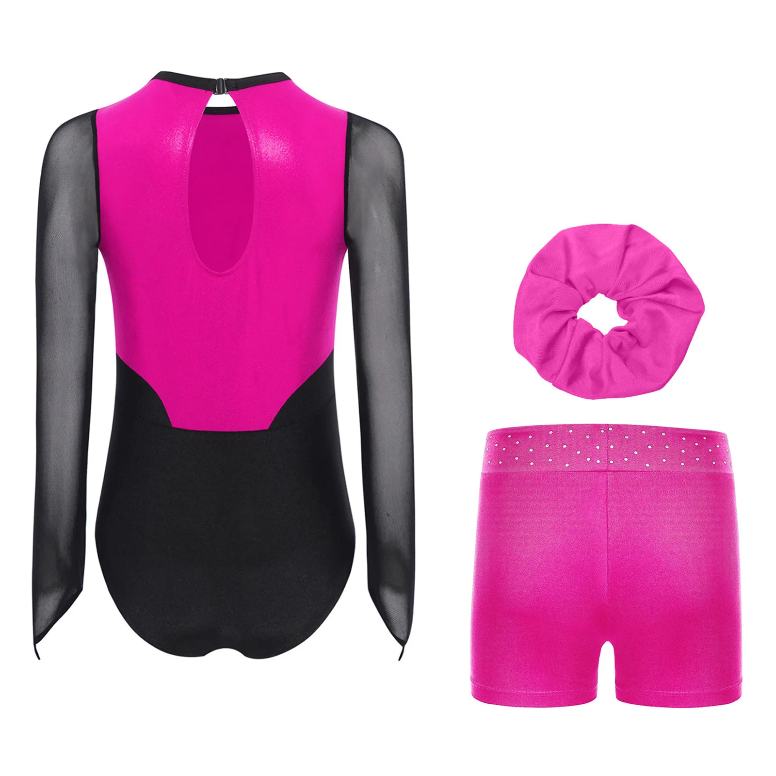 Conjuntos de gimnasia y Ballet para niñas, Ropa de baile para patinaje artístico, leotardo de malla transparente de manga larga con diamantes de imitación, pantalones cortos y sombreros - imagen 3
