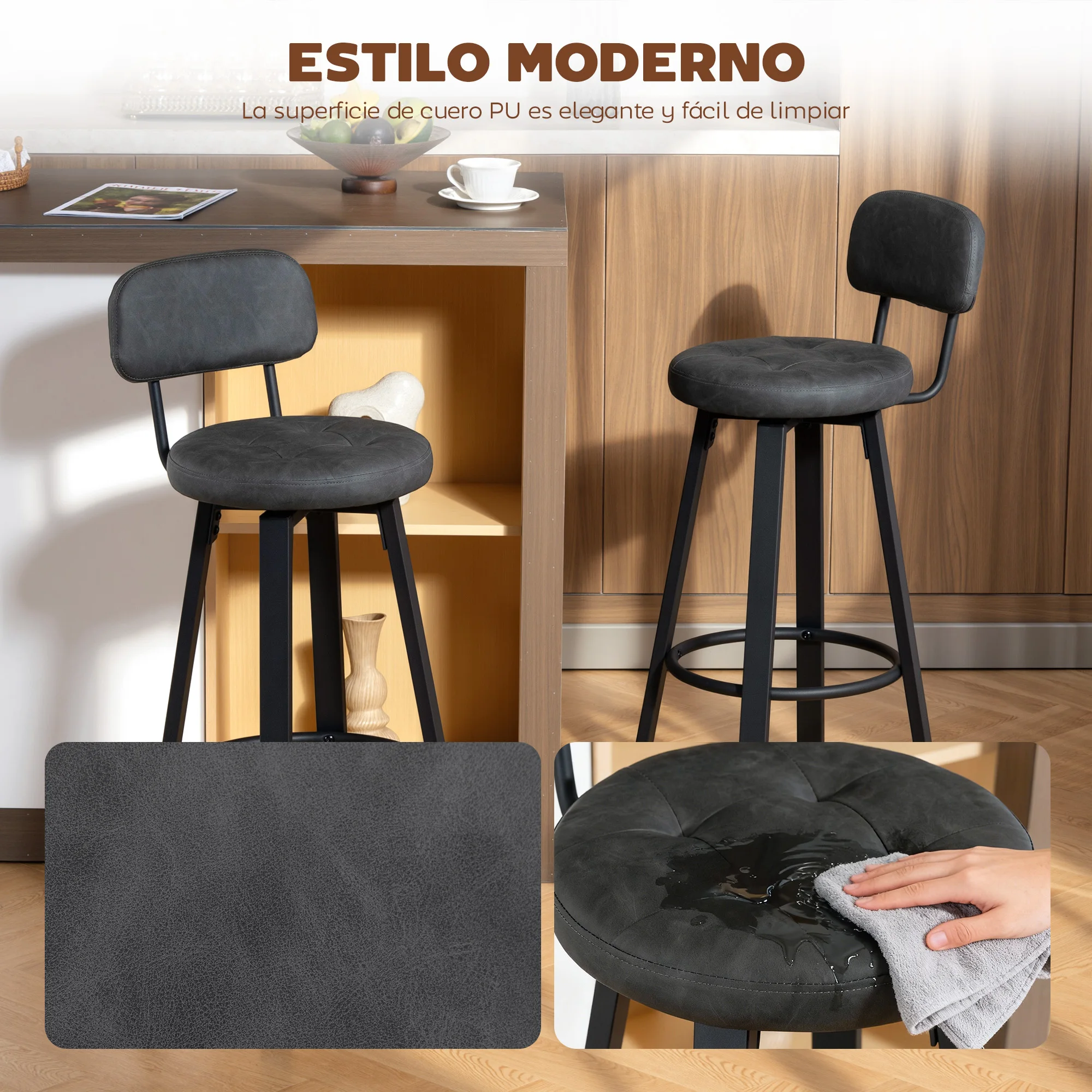 HOMCOM Juego de 2 Taburetes de Bar, Taburetes Altos de Cocina Giratorios, Tapizados de PU, con Respaldo, Marco de Metal, Reposapiés, Asiento de 76,5 cm de Altura - imagen 4