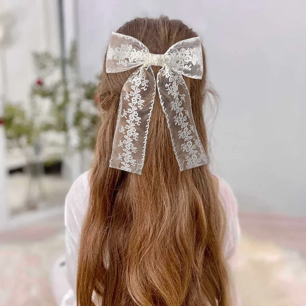 Pinzas para el cabello con lazo y borlas largas blancas de 8 pulgadas para mujeres y niñas, horquillas elegantes con flores de encaje hueco, accesorios para el cabello