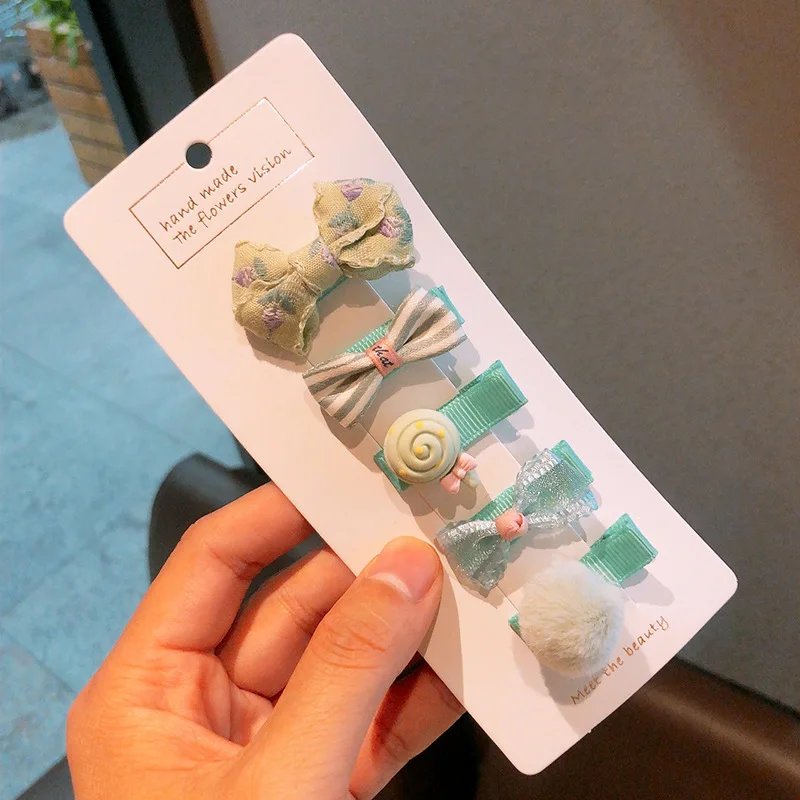 5 unids/set de pinzas para el cabello para niña de dibujos animados, Clips totalmente cubiertos para bebés pequeños, pasadores laterales suaves con lazo de princesa - imagen 2