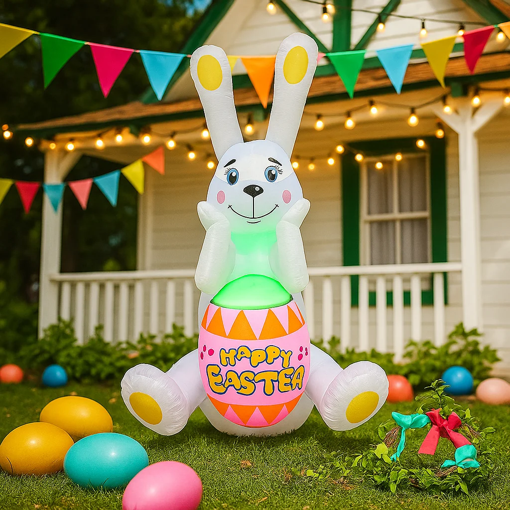 Conejo parpadeante inflable de Pascua de 5 pies, decoración de huevos, luces LED, inflables festivos para jardín, adorno inflable de Pascua - imagen 5