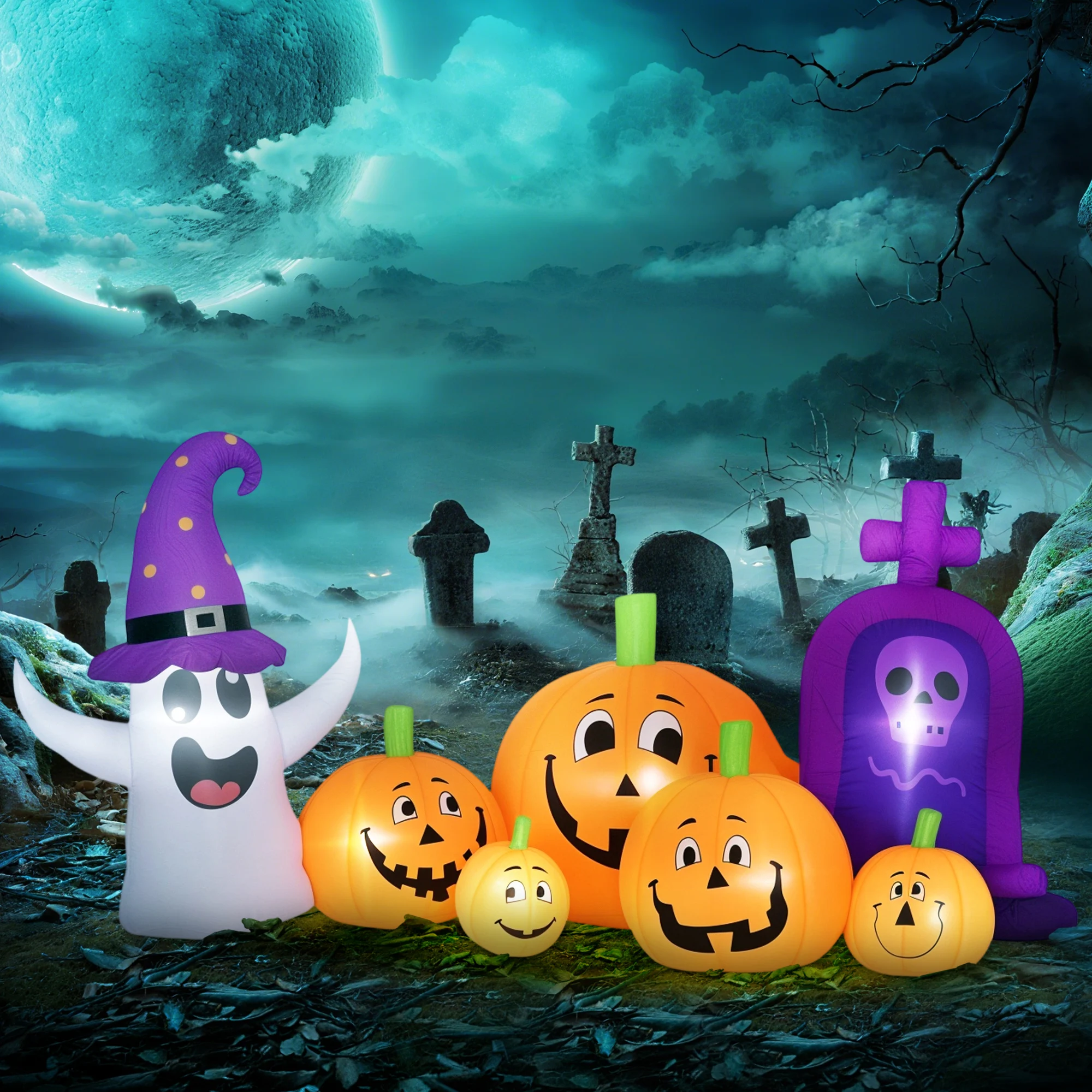 Outsunny Calabaza Inflable de Halloween con Fantasma y Lápida de 8 Pies, Decoración de Halloween con Luces LED, IP44 e Inflador, para Jardín, Fiestas, Exterior, 240x130x130 cm, Multicolor - imagen 2