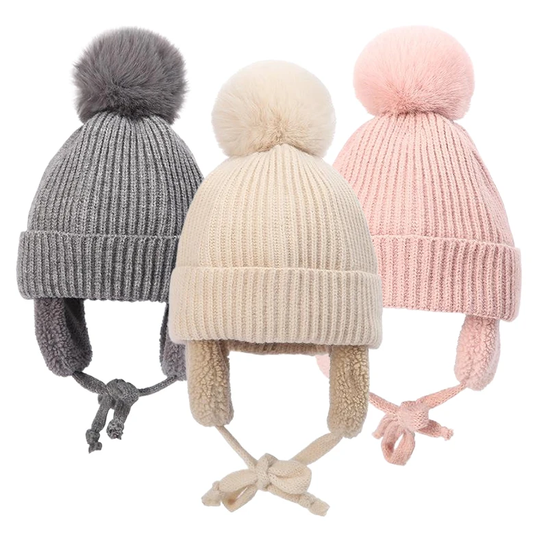 Gorro de invierno para bebé, gorro tejido con forro de felpa para niñas y niños, gorro con pompón grande, gorros con protección para los oídos, accesorios cálidos para niños de 2 a 6 años
