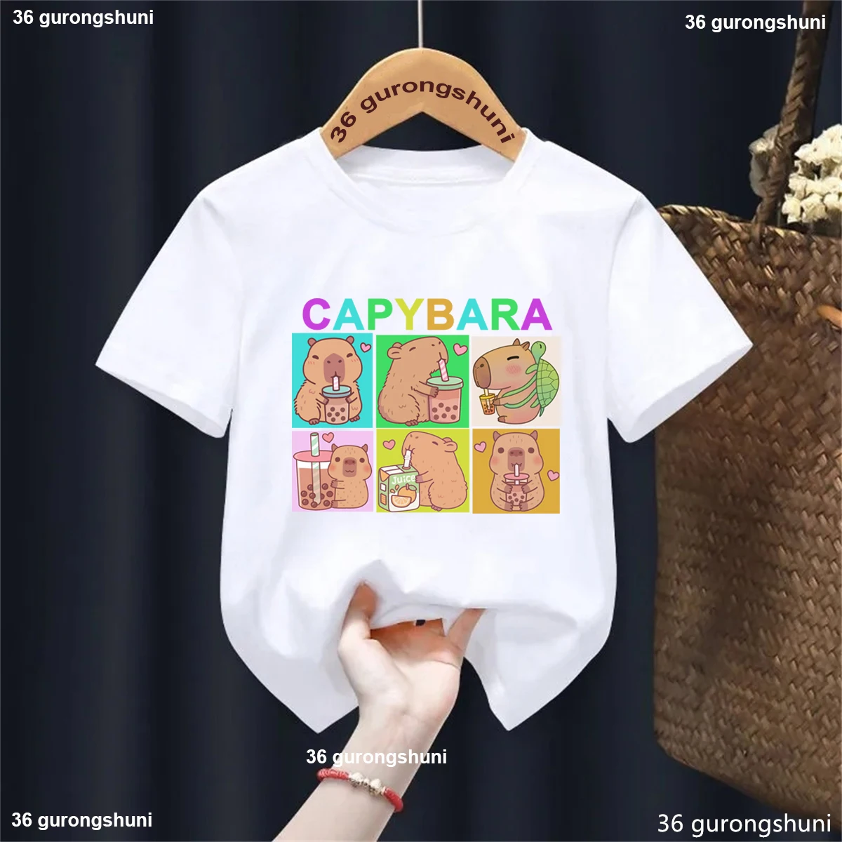 Camiseta infantil capybara kawaii con estampado arcoíris - imagen 5