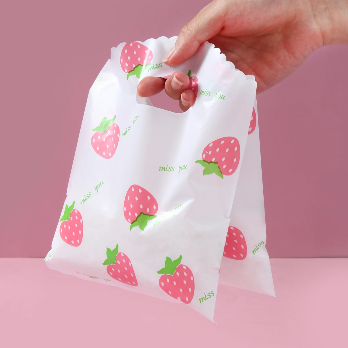 Bolsa de plástico de fresa con bonito diseño de fruta, bolsa de regalo de mano, ropa, cocina, compras, fiesta, embalaje de regalo, bolsas reutilizables, 10 Uds.