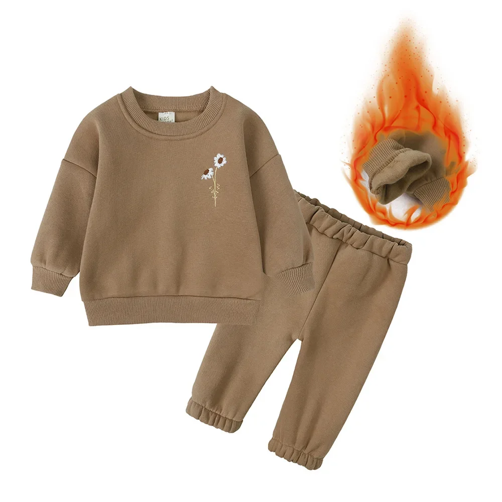 MILANCEL Ropa para niños Sudadera con capucha de lana y pantalones largos 2 piezas Traje de sudadera para niños Traje deportivo bordado - imagen 4