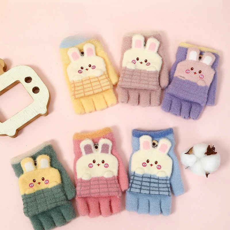 Guantes con dedos abatibles de conejo para niños de 5 a 14 años, manoplas cálidas de medio dedo para niños y niñas, bonitos guantes de invierno con pantalla táctil de dibujos animados - imagen 2