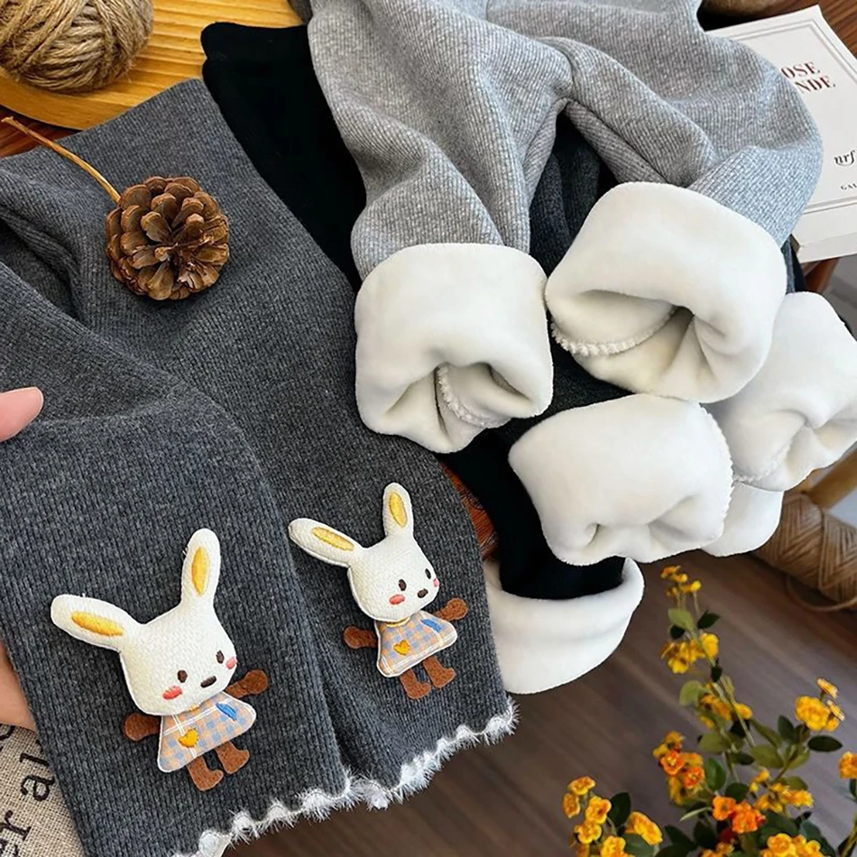 Leggings de invierno para niñas, pantalones cálidos con forro polar grueso, decoración de conejo 3D, pantalones para niños, pantalones térmicos de otoño para niños
