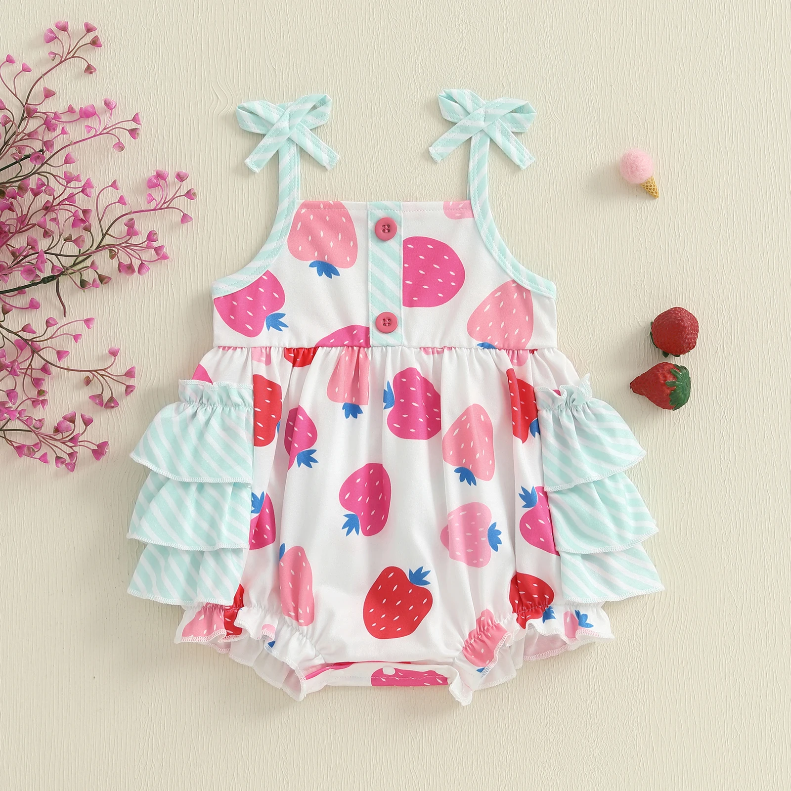 Mameluco de verano para niña, mono informal sin mangas con estampado de fresa y volantes en capas para recién nacido, ropa bonita