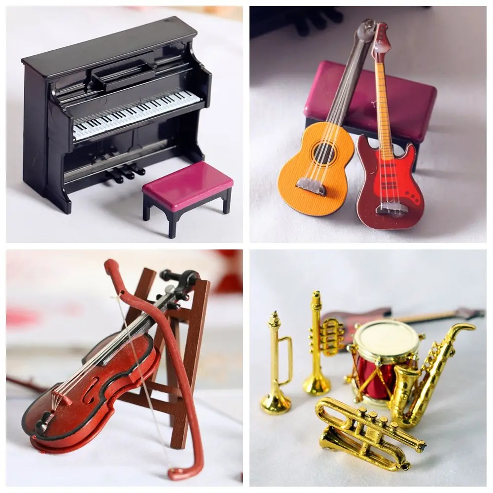 Barra de música a escala 1/12, micrófono de tambor, saxofón, trompeta, modelo de Piano, violín en miniatura, guitarra, instrumentos musicales - imagen 4