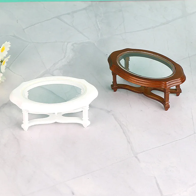Mesa de centro oval de madera vintage con cristal para casa de muñecas