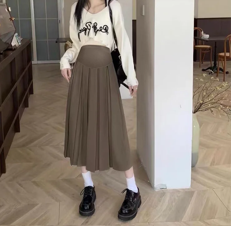 Nuevo Otoño Invierno plisado grueso cálido faldas de maternidad cintura elástica vientre ropa Casual para mujeres embarazadas embarazo - imagen 3