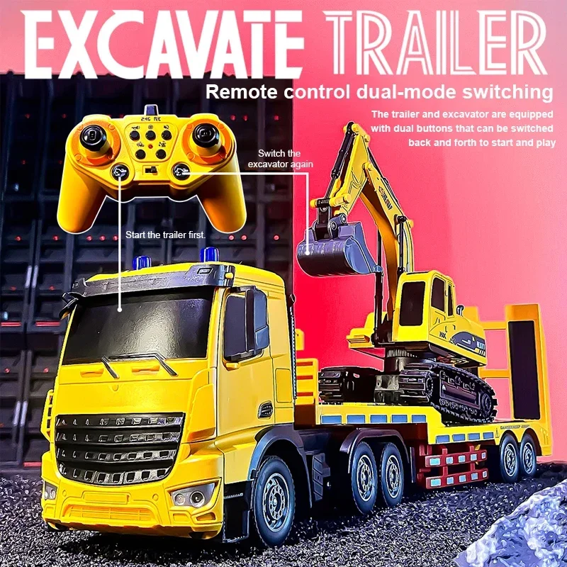 2 en 1 11CH RC remolque camiones planos conjunto de camiones combinados con excavadora ingeniero vehículo 2,4G coche de Control remoto regalos de navidad - imagen 4