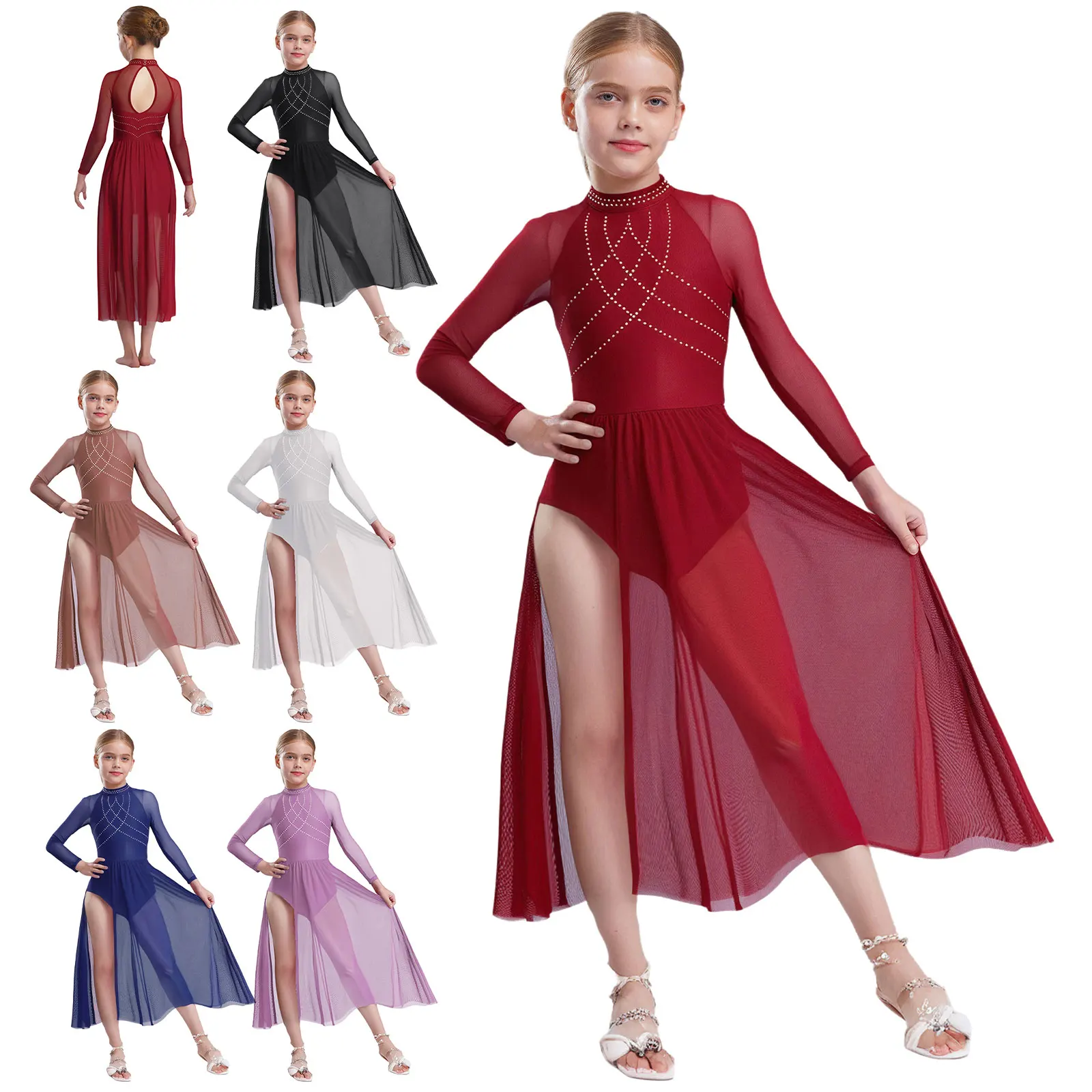 Traje de ballet moderno con malla transparente y diamantes - imagen 4