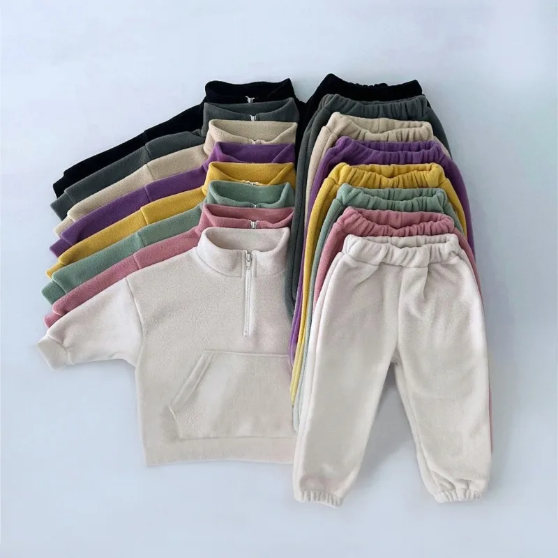 2025 nuevo conjunto de ropa de lana para bebé, traje de correr con capucha de lana de doble cara para niño, ropa deportiva térmica con cuello levantado para otoño - imagen 3