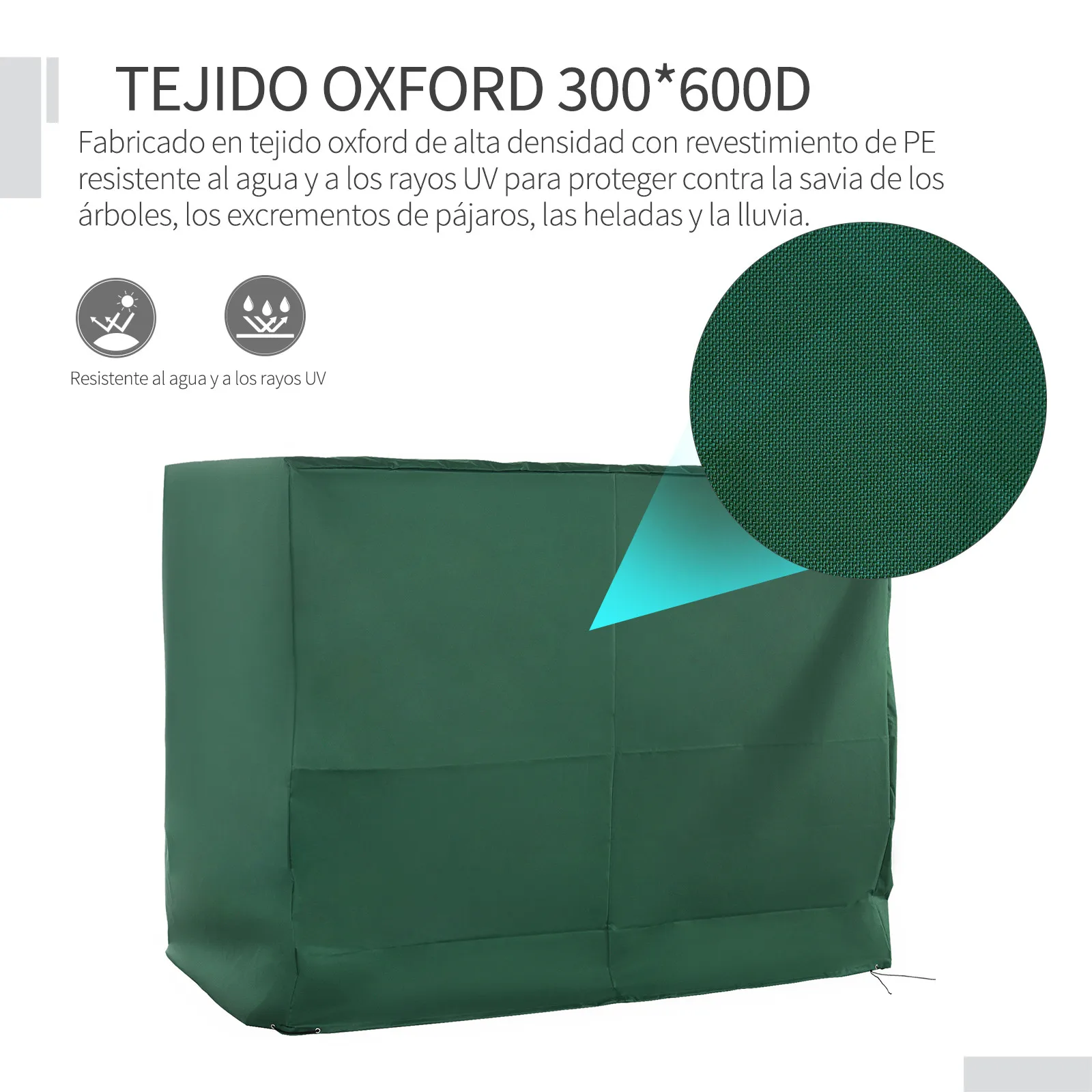 Outsunny Funda Balancín Jardín Funda Columpio Jardín Exterior Cubierta de Columpio con Cordones Ajustables Impermeable Anti-UV 240x133x185 cm Verde - imagen 5