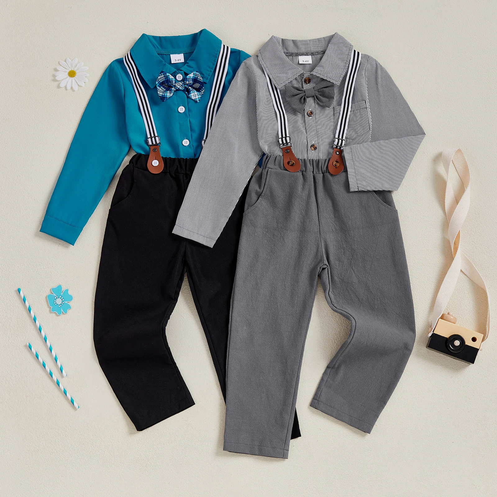 Conjunto formal de 2 piezas para niño pequeño, camisas con pajarita de manga larga y pantalones con tirantes