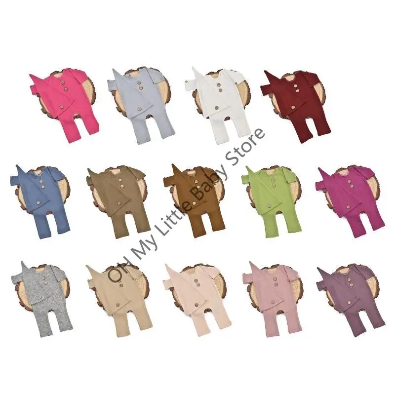 M76C 2pcs Baby Baby Comper Botón sólido Jobsuito con trajes fotos sombrero cola larga