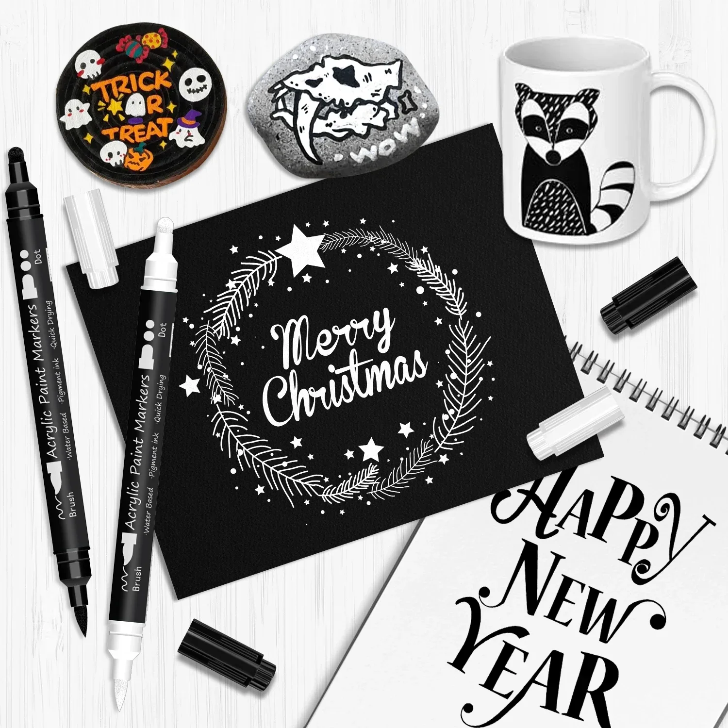 Rotulador de pintura acrílica blanca y negra, pincel de 12 piezas y punta fina para papel, pintura de roca, letrero de madera, Metal, plástico, dibujo - imagen 2