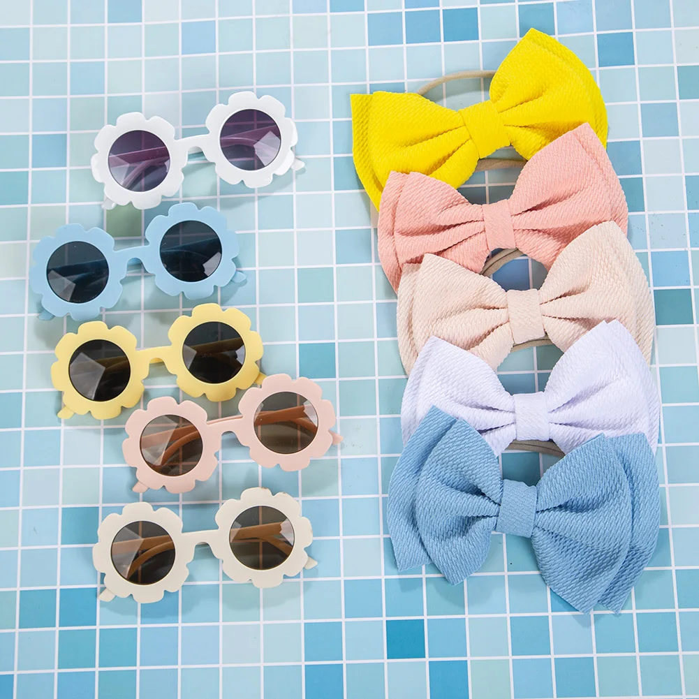 2 unids/set gafas de sol redondas de flores diademas de nailon elástico para bebé Bohemia playa gafas de sol para la playa niños Puff Bullet Arcos Headwear - imagen 5