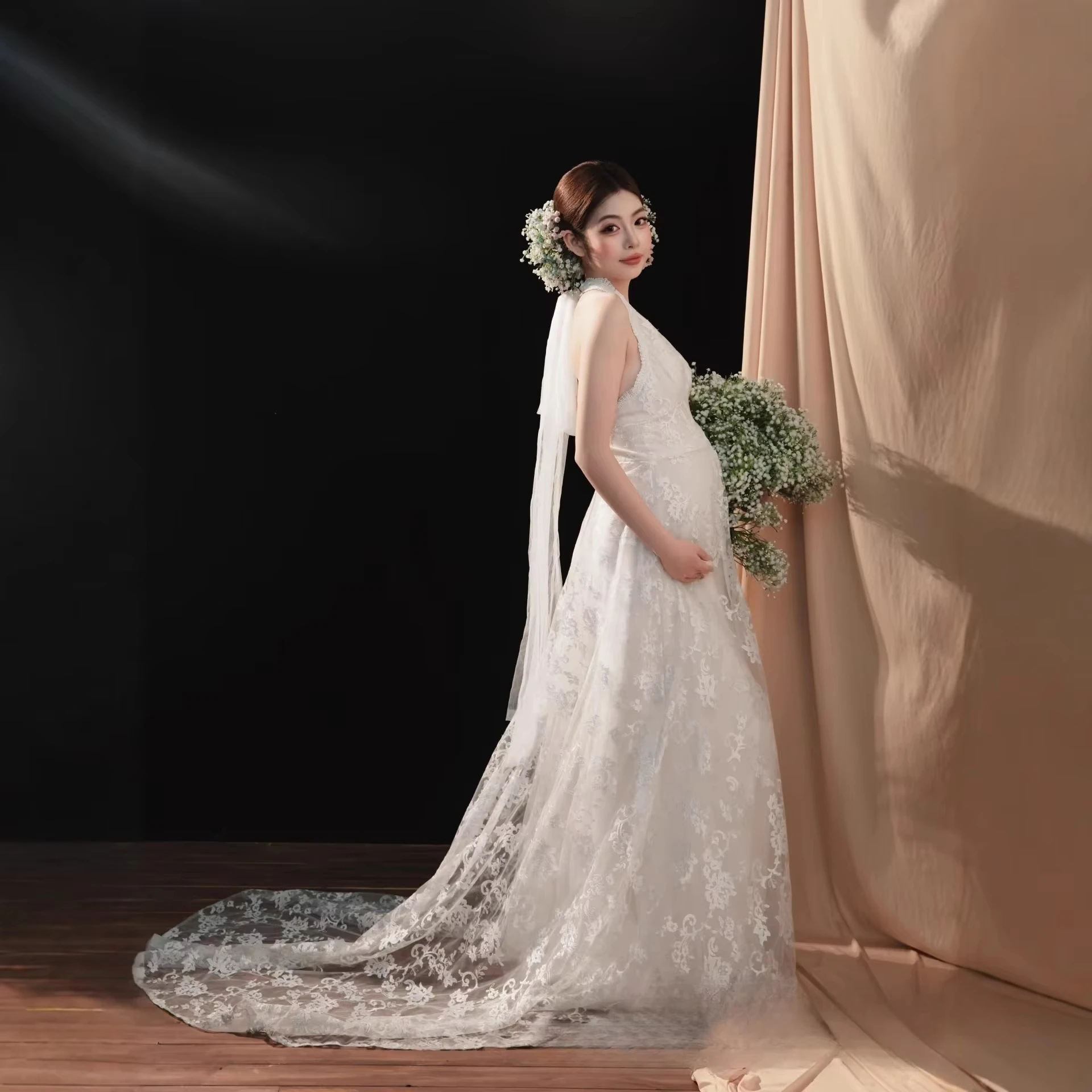 Vestido de maternidad encaje blanco halter – Sesión fotos embarazo - imagen 5