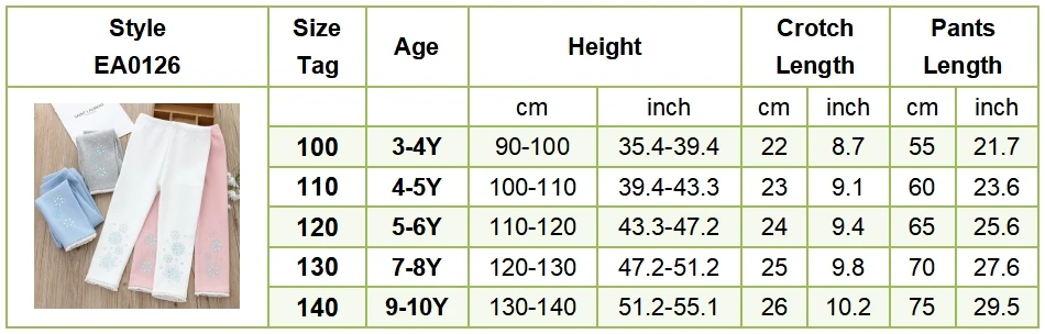 Tabla de tallas de leggings TPMG para niñas