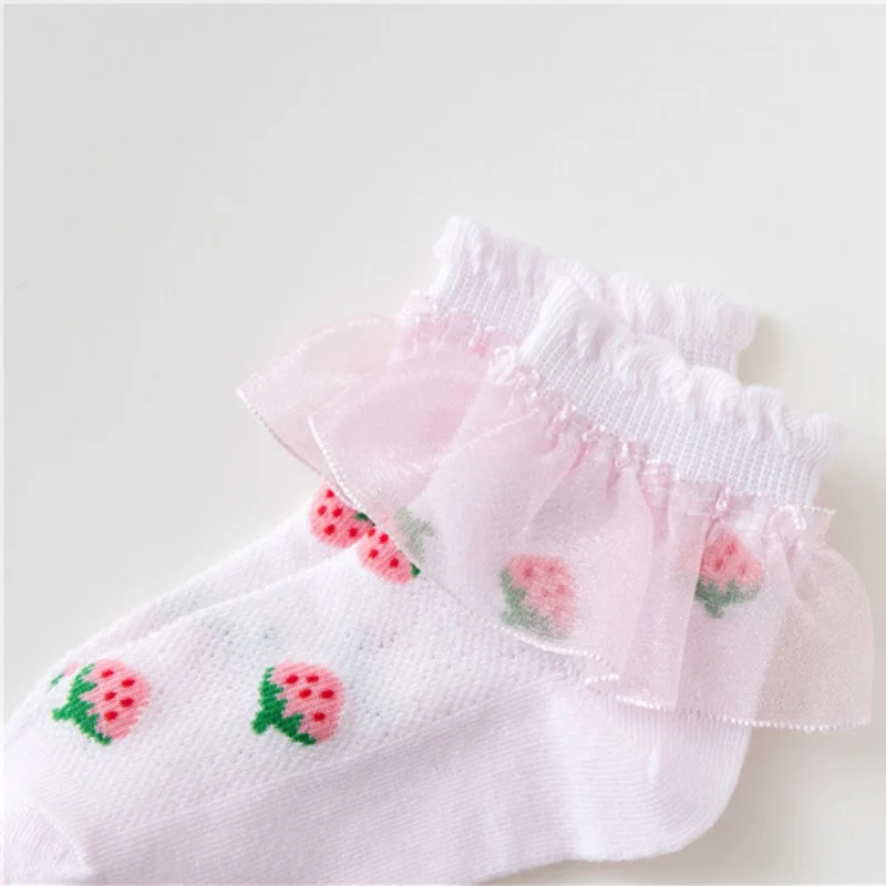 Lawadka-calcetines con estampado fino de fresas para niños y niñas, medias de encaje de princesa, de 1 a 15 años, 5 pares por juego - imagen 4