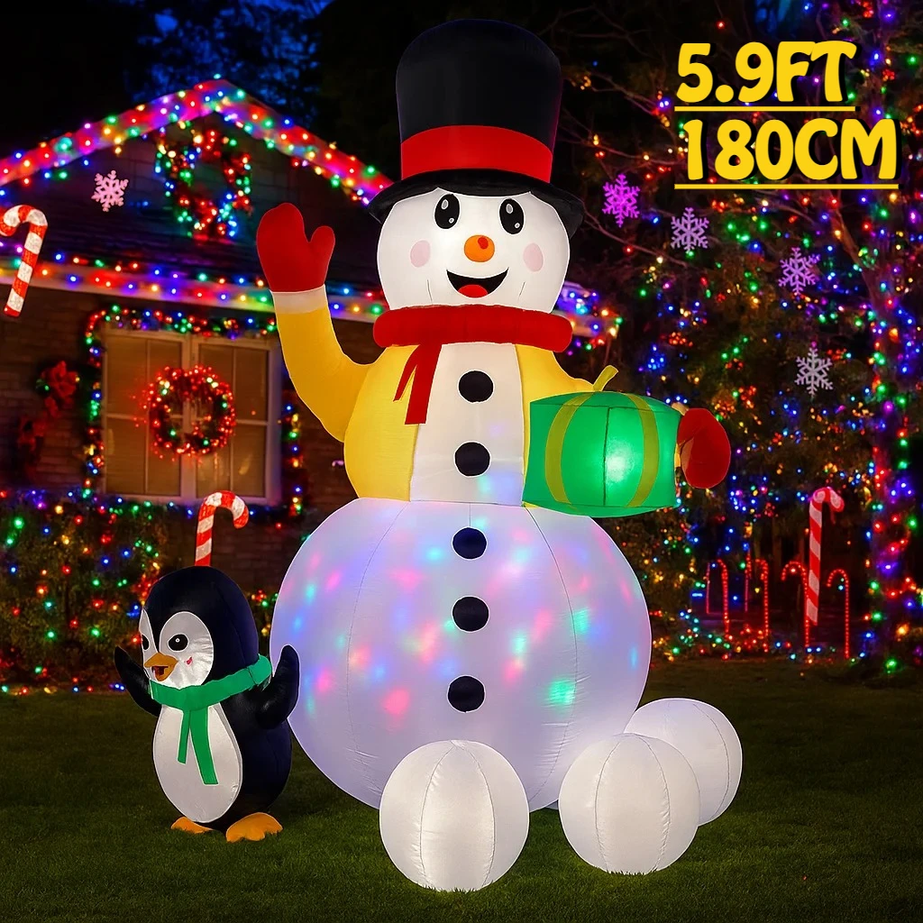 Decoración navideña al aire libre de 5,9 pies, muñeco de nieve, pingüino, decoración inflable para fiesta de patio, adornos de césped de Navidad, luces, juguete para el hogar