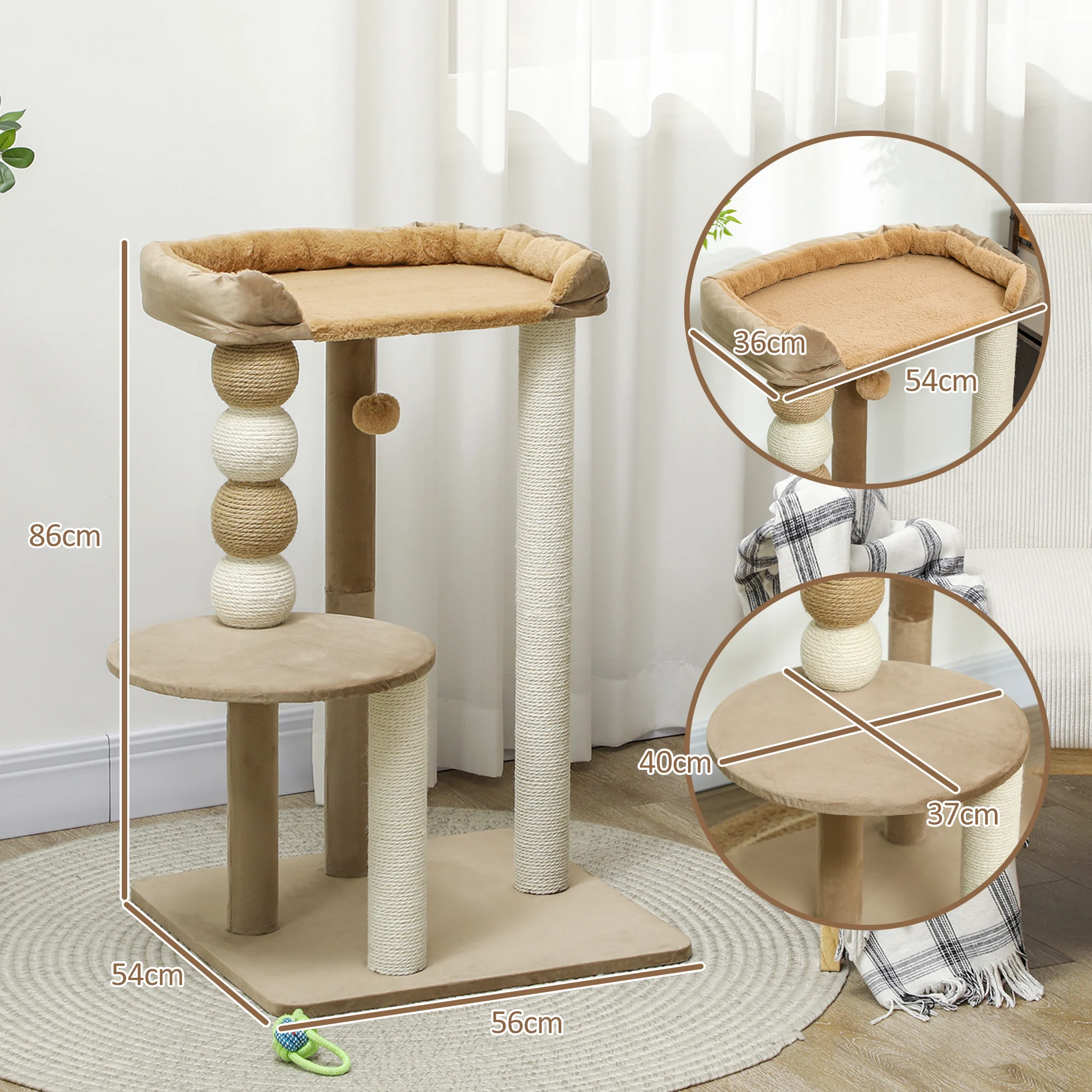 PawHut Árbol Rascador para Gatos, Árbol para Gatos 86 cm, Torre Escalador con Cama, Plataforma de Salto, Postes de Yute y Bolas de Juguete, Marrón y Beige - imagen 3