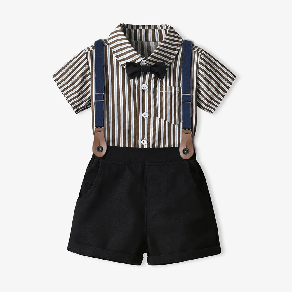 Camisa de manga corta a rayas para niños, conjunto de pantalones cortos con tirantes, trajes de verano para bebés, 70-140cm - imagen 5