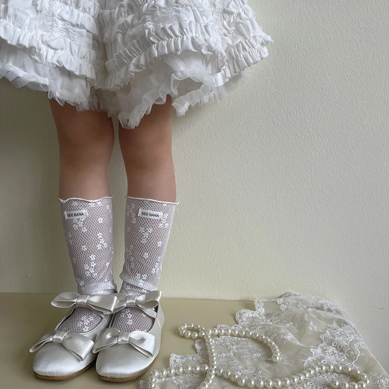 1 par de calcetines finos de verano para niños y niñas, calcetines de pelo suelto con bordado Floral de belleza, calcetines escolares suaves y transpirables a la moda para niños - imagen 2