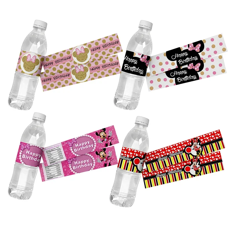 6 uds. De etiquetas de vino para botella de agua de cumpleaños de Minnie Mouse de Disney, pegatinas para caja de regalo, envolturas para bolsas de dulces, suministro de decoración para fiesta de Baby Shower - imagen 3